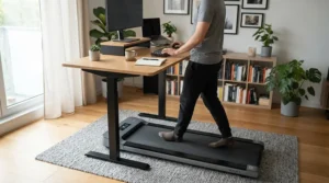 A low-profile foldable treadmill for weight loss at home positioned underneath a standing desk for active work.
