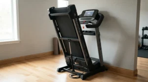 A space-saving concept in a HIIT treadmill workout machine review demonstrating folding deck mechanisms for home use.