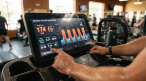 A close-up graphic from a HIIT treadmill workout machine review highlighting interval training programs on the digital screen.