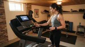 A helpful visual for a HIIT treadmill workout machine review depicting a user following structured home fitness routines.