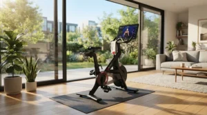 An illustration for a HIIT treadmill workout machine review showing a modern home gym setup with a sleek console display.