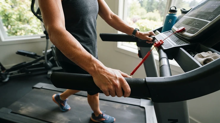 A safety-focused illustration for a HIIT treadmill workout machine review emphasizing emergency stop clips and sturdy handrails.