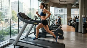An athlete focused on endurance training on an incline treadmill for calorie burning inside a spacious fitness club.