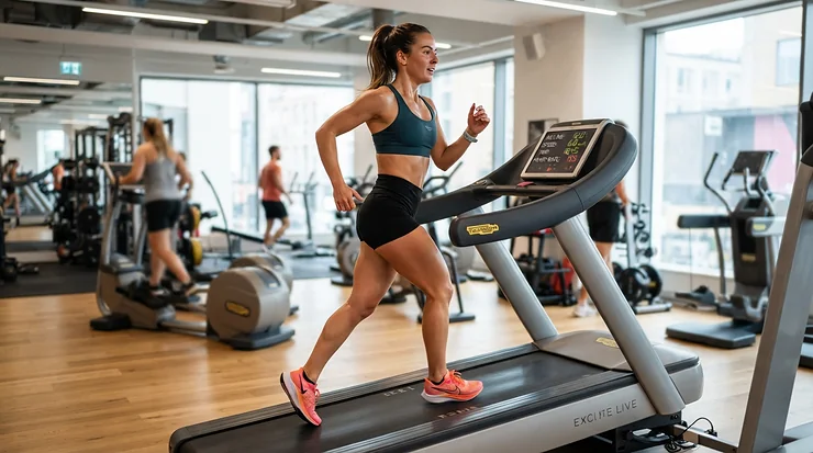 An enthusiastic fitness enthusiast using an incline treadmill for calorie burning in a modern American home gym.