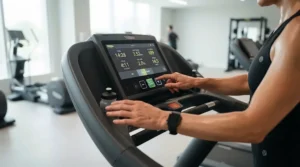 Close-up of a runner adjusting incline treadmill for calorie burning during a high-intensity hill training routine.
