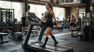 A dedicated person working toward weight loss goals on an incline treadmill for calorie burning.