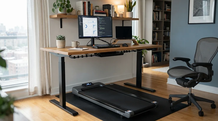 Clean cable management setup featuring a mini treadmill that fits under a standing desk.