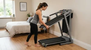 Folding away the quietest treadmill for apartment living to save space in a tight bedroom corner.