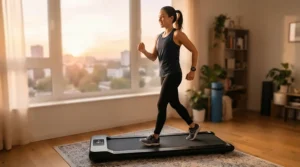 An early morning walking session on the quietest treadmill for apartment living before heading to work.