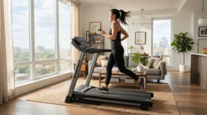 A person jogging on the quietest treadmill for apartment living set up near a sunny window in a modern studio.