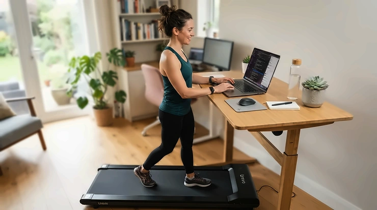 Walking while working on a laptop using the quietest treadmill for apartment living underneath a standing desk.