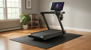 A compact model representing the quietest treadmill for apartment living placed securely on a thick protective floor mat.