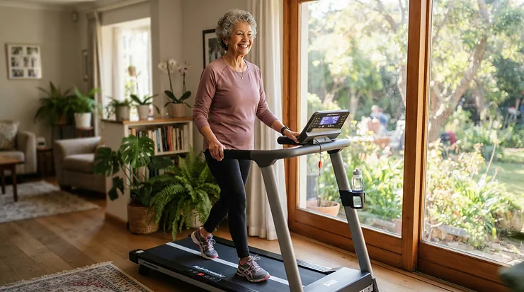 An older woman maintaining her daily exercise routine on a small treadmill for seniors with limited space.