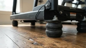 A detailed view of vibration dampening feet installed under a treadmill for apartments with thin walls.