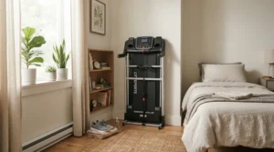 A folding treadmill for apartments with thin walls tucked neatly against a bedroom wall to save space.