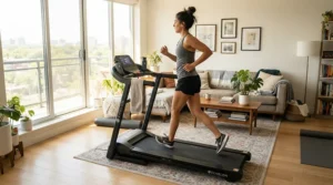 A compact treadmill for apartments with thin walls set up in a modern urban living room during morning light.