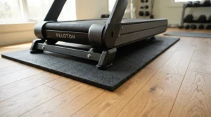 A treadmill for apartments with thin walls placed securely on a thick protective floor mat to absorb impact.