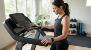Measuring sound levels near a treadmill for apartments with thin walls using a smartphone decibel meter.