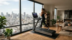 A low-vibration treadmill for apartments with thin walls positioned in an upper-floor multi-family building.