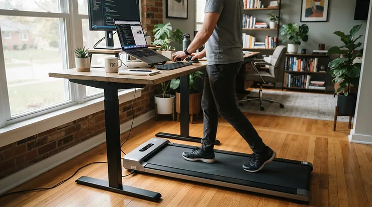 A treadmill for renters with storage constraints paired with a height-adjustable standing desk in a small home workspace.
