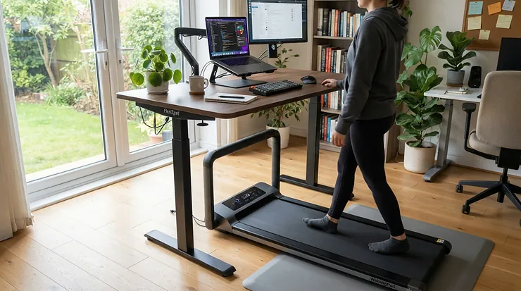 An ultra compact treadmill for small bedroom paired with a standing desk for working while walking.